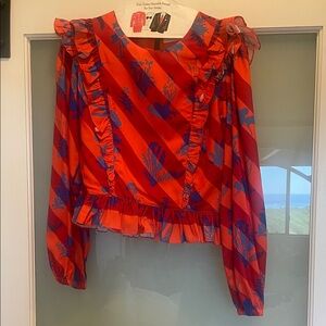 Vibrant Striped Ruffle Blouse - Red and Blue